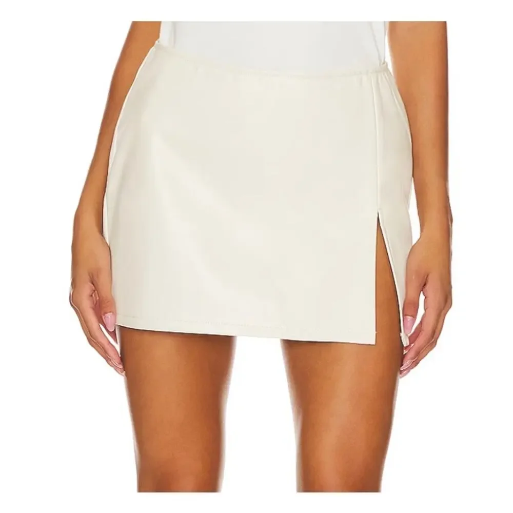 AFRM White Faux Leather Mini Skirt XS Ivory Pencil Soft Slit Work Micro $68 NEW - Picture 3 of 9
